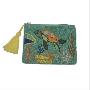 America & Beyond Aqua Sea Turtle And Coral Beaded Pouch